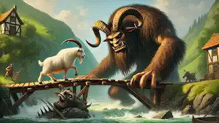 El más grande de los tres cabritos, el Cabrito Gruff, se prepara para embestir al troll en el crujiente puente de madera sobre el rugiente río.