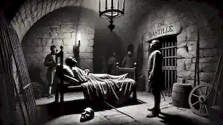 El frágil Hombre de la Máscara de Hierro yace en su celda en la Bastilla, con su máscara descansando a su lado sobre la cama.