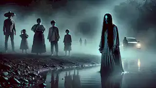 Una familia ve la figura fantasmagórica de La Llorona cerca de una orilla del río envuelta en neblina, su rostro está oscurecido, lo que añade a la atmósfera escalofriante.