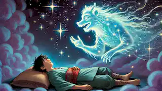 Nanabozho, le héros farceur, apparaît dans le rêve de Pi sous un ciel étoilé, transmettant un message spirituel.