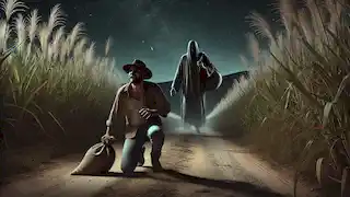 Carlos retrocede tambaleándose por un camino de tierra mientras la figura sombría de El Silbón se acerca en la noche.