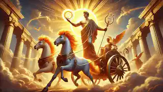 Apollon sur un char doré, tenant une lyre, menant des chevaux flamboyants à travers les nuages, le tout illuminé par des rayons de soleil.