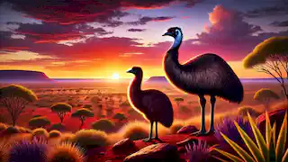 Un emú y un jabirú de pie uno al lado del otro al atardecer, contemplando el interior de Australia.