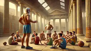 El anciano Milo de Croton mentorando a jóvenes atletas en una antigua gimnasio.