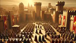 Un rassemblement royal à Port-Réal, avec des nobles vêtus de vêtements somptueux et la Forteresse Rouge s'élevant en arrière-plan.