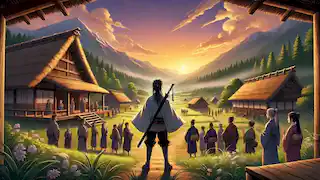 Haruto regresa a su aldea al amanecer, rodeado de aldeanos agradecidos que celebran su victoria.