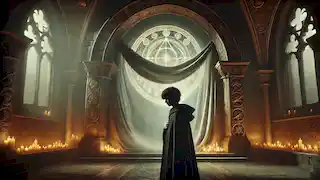 Un joven mago se encuentra solemne frente a un arco ornamentado con un velo, rodeado de orbes resplandecientes.