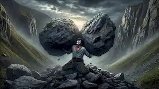 Bernardo Carpio sostiene apartadas dos enormes rocas, luchando por evitar que lo aplasten en las montañas de Montalbán.
