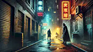 Un callejón oscuro con dos figuras sombrías en una tensa confrontación entre luces de neón y calles mojadas.