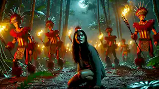 Lani trifft in einem hawaiianischen Wald auf die Nachtmärscher, erleuchtet von leuchtenden Fackeln.