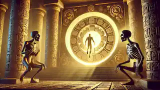 Ek Chuah asciende hacia un portal resplandeciente en Mitnal, mientras Ah Puch lo observa solemnemente desde las sombras.