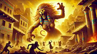 Sekhmet, la diosa leona, desata su furia sobre un pueblo, rodeada de destrucción y de personas que huyen.