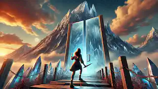 La chica se encuentra frente a la montaña de cristal, sosteniendo un cuchillo, lista para sacrificar su dedo y abrir la puerta.