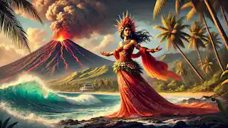 Pele, la diosa volcán, se presenta vestida con indumentaria hawaiana, sosteniendo un báculo. Detrás de ella se alzan un volcán y olas chocando.