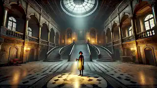 Emilia Adler explora el gran salón del Schattenschloss, mientras su linterna ilumina la mansión en ruinas.