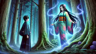 Hiroshi se encuentra con una misteriosa mujer vestida con un kimono brillante en el bosque al crepúsculo.