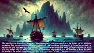 Un barco se acerca a una isla enigmática, mientras la hipnotizada tripulación escucha la canción de las sirenas proveniente de los acantilados.