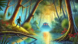 La nieta de Mia, Lily, siguiendo el llamado del Bunyip y viendo sus ojos brillantes bajo el agua.
