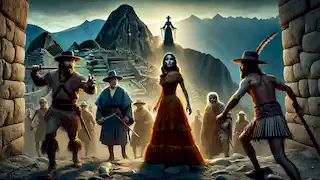 Amaru se enfrenta a los conquistadores españoles en la entrada de Machu Picchu, mientras momias se levantan detrás de ella.