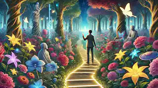 Arman en el surrealista Jardín de Ilusiones, enfrentando encantadoras decepciones con determinación y su talismán.