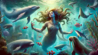 Sedna, como diosa del mar, domina a los animales marinos en las profundidades del océano, iluminadas por un suave resplandor.