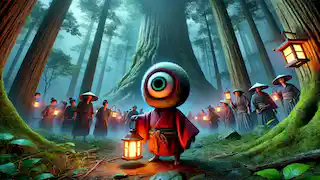 Los aldeanos con farolillos se enfrentan al Hitotsume-kozou en un bosque brumoso, su único ojo observándolos desde las sombras.