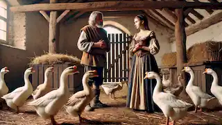 Gisela disfrazada de chica ganso, conversando con Conrad en un rústico establo.