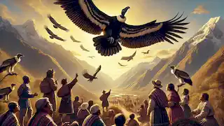 Kuntur, ahora un cóndor maduro, se eleva en el cielo mientras los aldeanos miran hacia arriba con asombro.