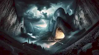Un cielo tormentoso y relámpagos iluminan el paisaje fuera de la cueva, creando una atmósfera ominosa y dramática.