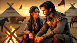 Zolgun y Aisulu trazan estrategias junto a una fogata, rodeados de yurtas y caballos pastando, mientras el sol dorado se pone en el horizonte.