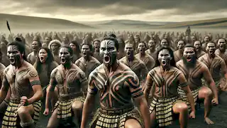 Un grupo de guerreros māori realizando el haka en un campo de batalla bajo un cielo nublado y con colinas lejanas.
