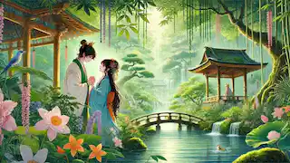 Urashima Taro y la Princesa Otohime en los jardines del palacio, enamorándose.