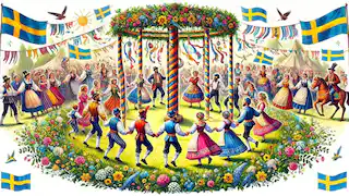 Traditionelles schwedisches Fest, bei dem Menschen rund um die Maibaum tanzen und farbenfrohe Kostüme tragen.