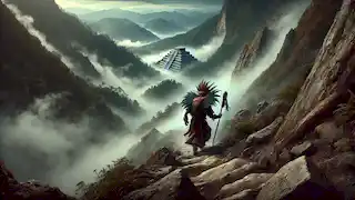Atl asciende por el empinado camino de montaña, con la niebla danzando a su alrededor mientras se acerca a la cima y al palacio de Tlaloc.