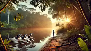El joven Antônio junto al río Amazonas al amanecer, rodeado de delfines rosados que juegan, reflejando su conexión con la naturaleza.