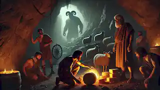 Odysseus und seine Männer betreten die schwach beleuchtete Höhle des Polyphem. Sie bringen Schafe und Proviant mit.