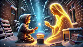 La Pequeña Vendedora de Fósforos enciende todos sus fósforos, viendo una visión de su abuela resplandeciendo con una luz celestial.