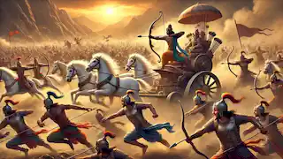 Arjuna y Krishna en batalla durante la Guerra de Kurukshetra, Bhishma luchando a lo lejos en medio del caos.