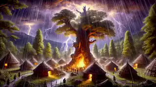 Una aldea mapuche durante una tormenta, con un árbol alcanzado por un rayo y los aldeanos agazapados en sus rucas.