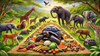 Los animales celebran junto a Ijapa, la tortuga, en un gran banquete, compartiendo comida y risas.