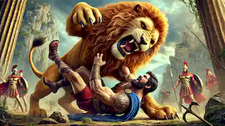 Hércules luchando contra el León de Nemea en una feroz contienda.