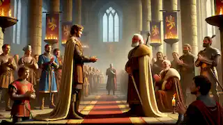Sir Edmund se tient devant le roi Arlen dans la grande salle, recevant la gratitude du royaume après avoir vaincu la Cockatrice.