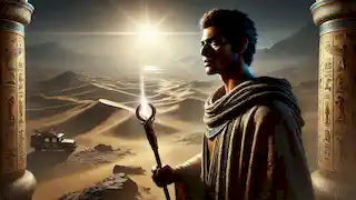 El príncipe exiliado Khamose en el desierto, mirando hacia Egipto con el Nilo débilmente visible a lo lejos, sosteniendo un bastón resplandeciente.