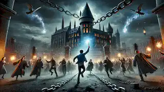 Los magos y las brujas se escapan de una prisión mágica, guiados por un joven mago que sostiene su varita en alto con triunfante orgullo.