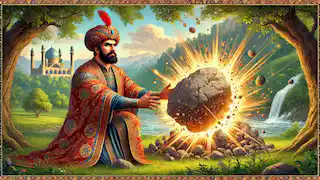 El rey Hushang sostiene una roca, a punto de golpear a una serpiente, descubriendo el fuego en la antigua Persia.