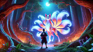 La Kitsune, en su forma verdadera como una zorra con nueve colas resplandecientes, se presenta ante Hiroshi en un claro del bosque.