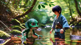 Hiroshi se encuentra con el Kappa en la orilla del río, mientras la criatura emerge del agua y lo observa fijamente.