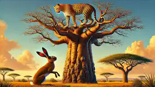 El leopardo se sienta en lo alto de un alto baobab, mientras que la liebre lo observa desde abajo, lista con su próximo truco.