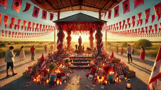 Santuario moderno de Gauchito Gil adornado con banderas rojas y ofrendas.