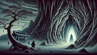 Amaterasu se retira a la cueva, su luz se apaga, dejando al mundo en la oscuridad mientras los dioses observan con desesperación.